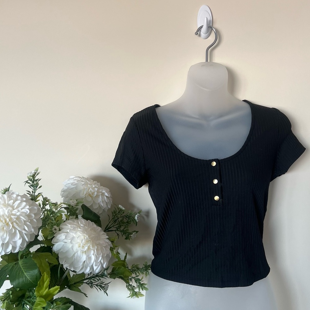 Super stretchy VS black silky ribbed button short sleeve crop top